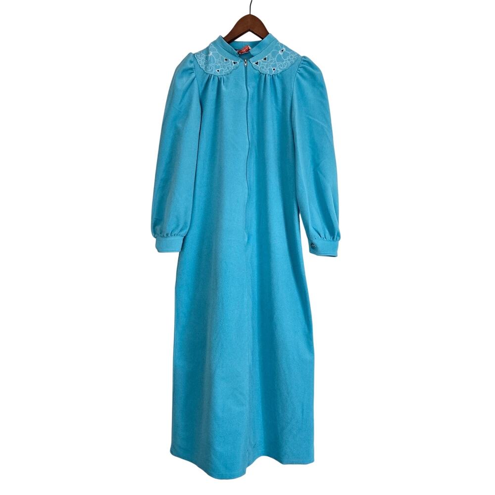 Vintage Prairiecore Frost Blue Lace Embroidered Lace Collar Zip Housecoat Small